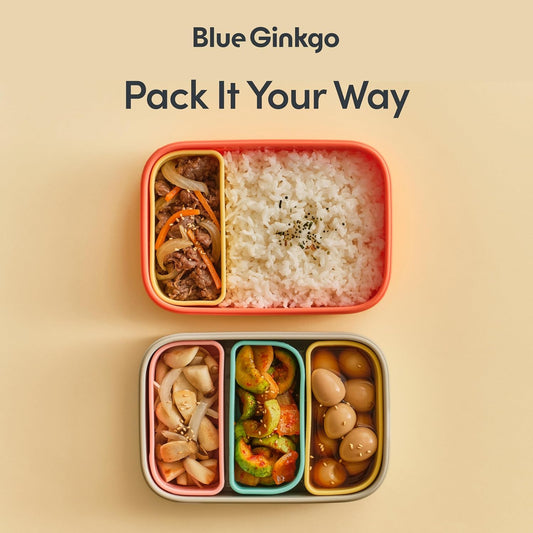 Blue Ginkgo Kids Silicone Lunch Box Set – Durable Heavy-Duty Silicone Bento Box, Microwave, Freezer, Dishwasher Safe – Airtight, BPA Free (Made in Korea, Coral)
