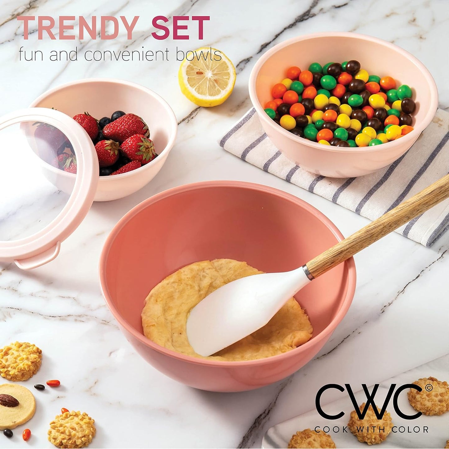 COOK WITH COLOR Mixing Bowls with TPR Lids - 12 Piece Plastic Nesting Bowls Set Includes 6 Prep Bowls and 6 Lids, Microwave Safe Mixing Bowl Set (Mint)