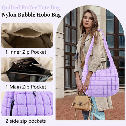 Quilted Puffer Tote Bag Large Crossbody Shoulder Bag with Zipper, Nylon Hobo Oversized Handbag
