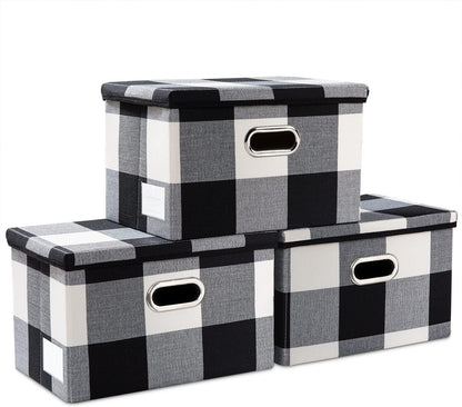 PRANDOM Large Foldable Storage Bin with Lid [1-Pack] Linen Fabric Decorative Storage Box Organizer Containers Basket Cube with Handles Divider for Bedroom Closet Office Living Room (17.7x11.8x11.8")