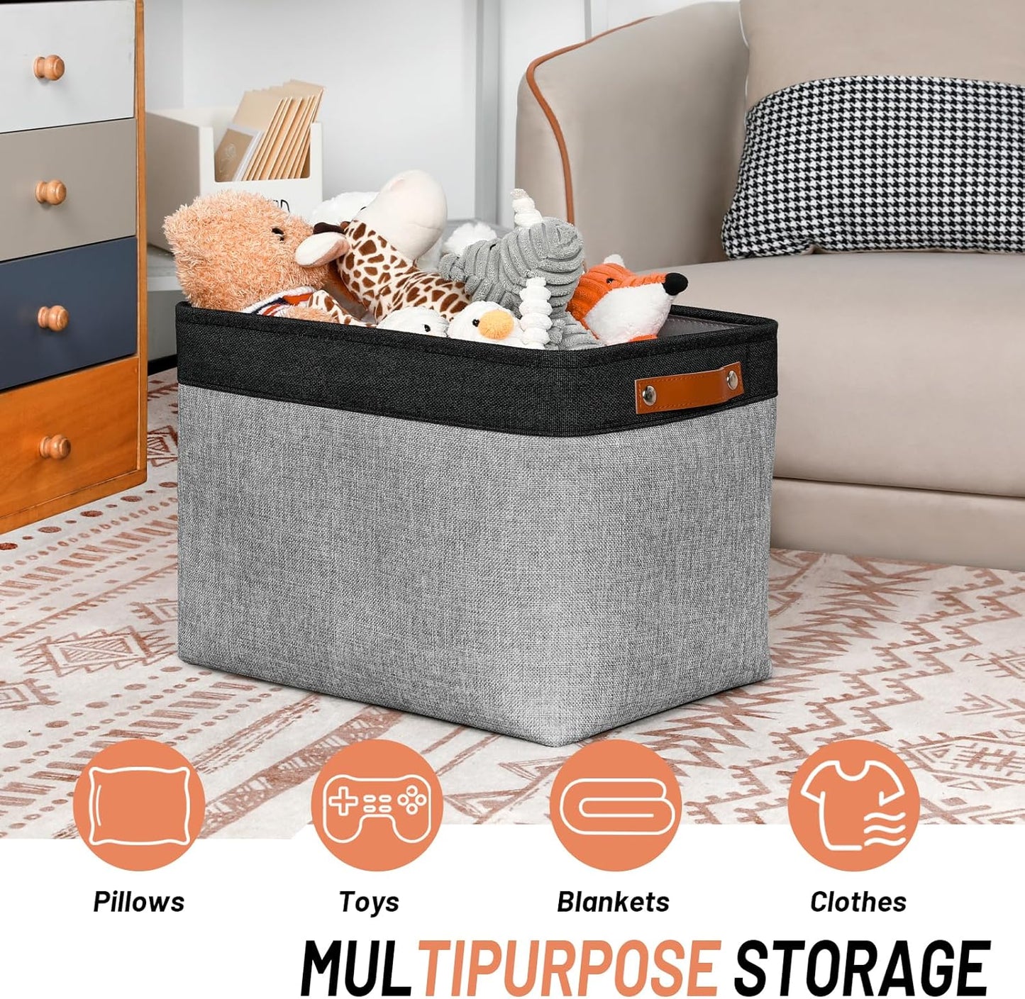 DULLEMELO Storage Baskets for Shelves, Fabric Collapsible Rectangular Storage Bins for Shelves, Closets, Nursery, Home, Office, Empty Gift Baskets (White&Teal)