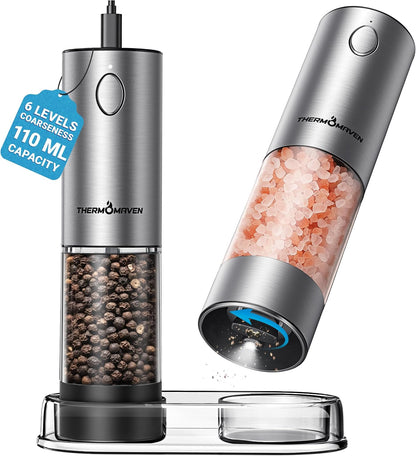 ThermoMaven Electric Salt and Pepper Grinder Set, 110ml Larger Rechargeable Automatic Salt and Pepper Mill Grinder with 6 Adjustable Coarseness, Electric Salt and Pepper Shakers, LED, 2 Packs, Silver