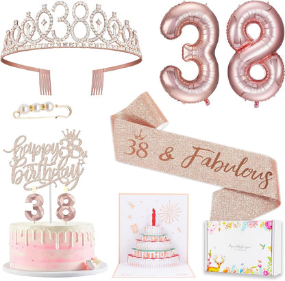 8pcs 40th Birthday Decorations gifts for Women, Including 40th Happy Birthday Cake Topper, Queen Sash with Pearl Pin, Sweet Rhinestone Tiara Crown for Women, Number Candles and Balloons (Rose Gold)
