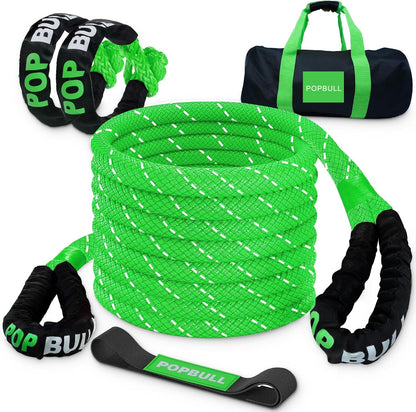 Kinetic Recovery Rope,(1in x 30ft Green) 48,500lbs Snatch Strap, Heavy Duty Stretch Nylon Towing Ropes with 2pcs Soft Shackles for Offroad Vehicle, Jeep, SUV, ATV, Tractor Elastic Ropes Kit