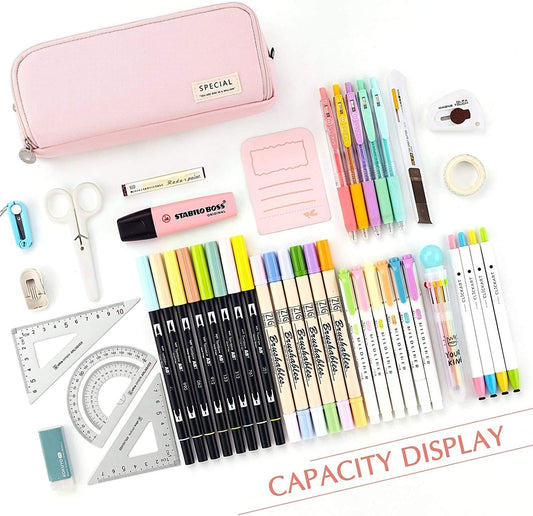 Big Capacity Pencil Case, OLIYuMi 3 Compartment Pencil Pouch Pencil Bag Storage Box Stationery Organizer Makeup Bag with Zipper Closure for Student Office College Boys and Girls (Pink) - PuriLite