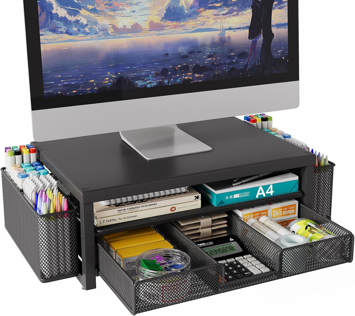 Metal Monitor Stand Riser with Drawer & 2 Pen Holders Storage for Desktop,2 Tier Computer Desk Organizer Stand for Laptop, Computer, iMac(Black)