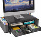 Metal Monitor Stand Riser with Drawer & 2 Pen Holders Storage for Desktop,2 Tier Computer Desk Organizer Stand for Laptop, Computer, iMac(Black)
