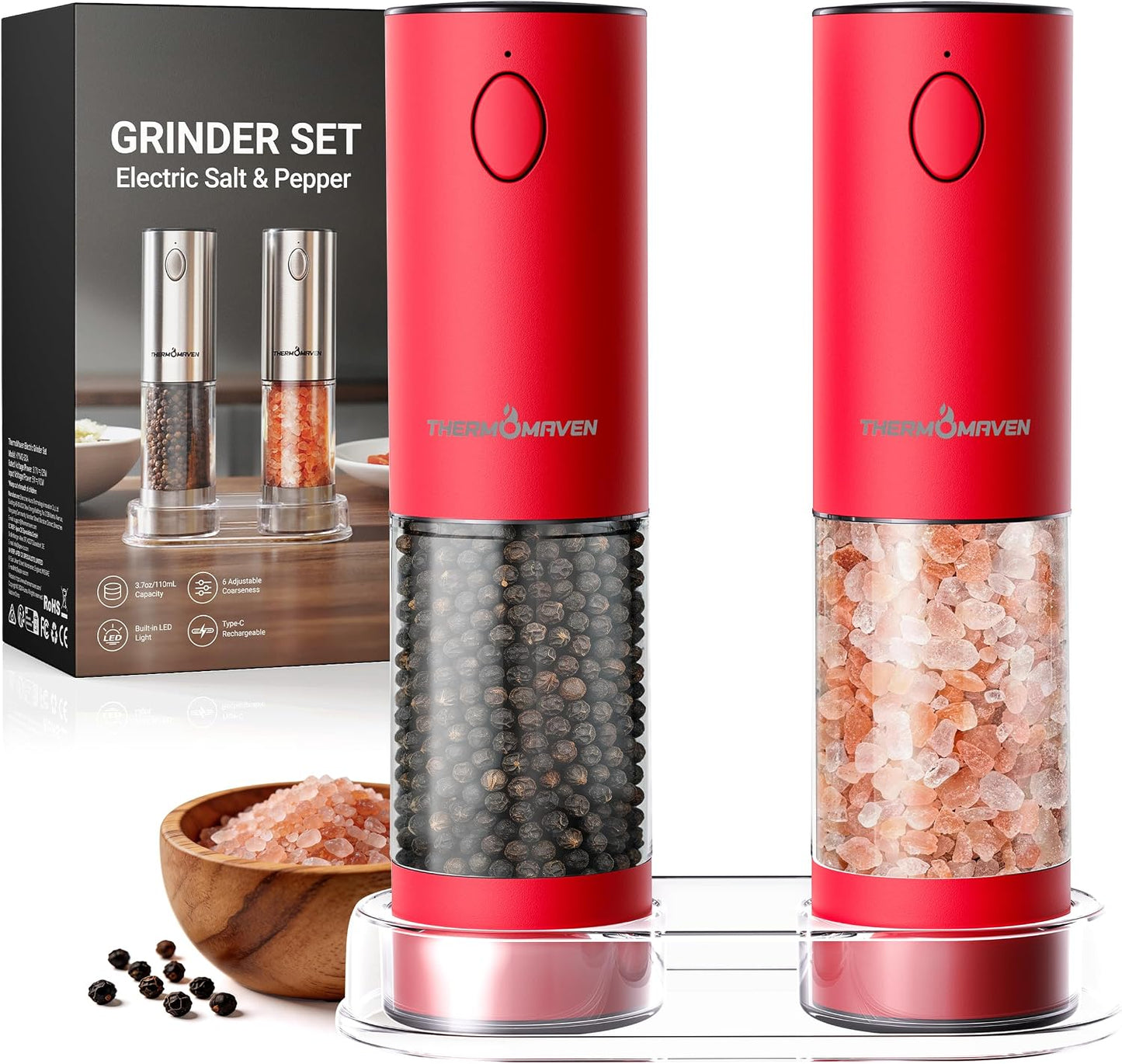 ThermoMaven Electric Salt and Pepper Grinder Set, 110ml Larger Rechargeable Automatic Salt and Pepper Mill Grinder with 6 Adjustable Coarseness, Electric Salt and Pepper Shakers, LED, 2 Packs, Silver