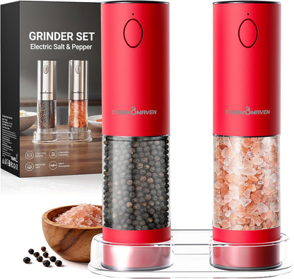 ThermoMaven Electric Salt and Pepper Grinder Set, 110ml Larger Rechargeable Automatic Salt and Pepper Mill Grinder with 6 Adjustable Coarseness, Electric Salt and Pepper Shakers, LED, 2 Packs, Silver