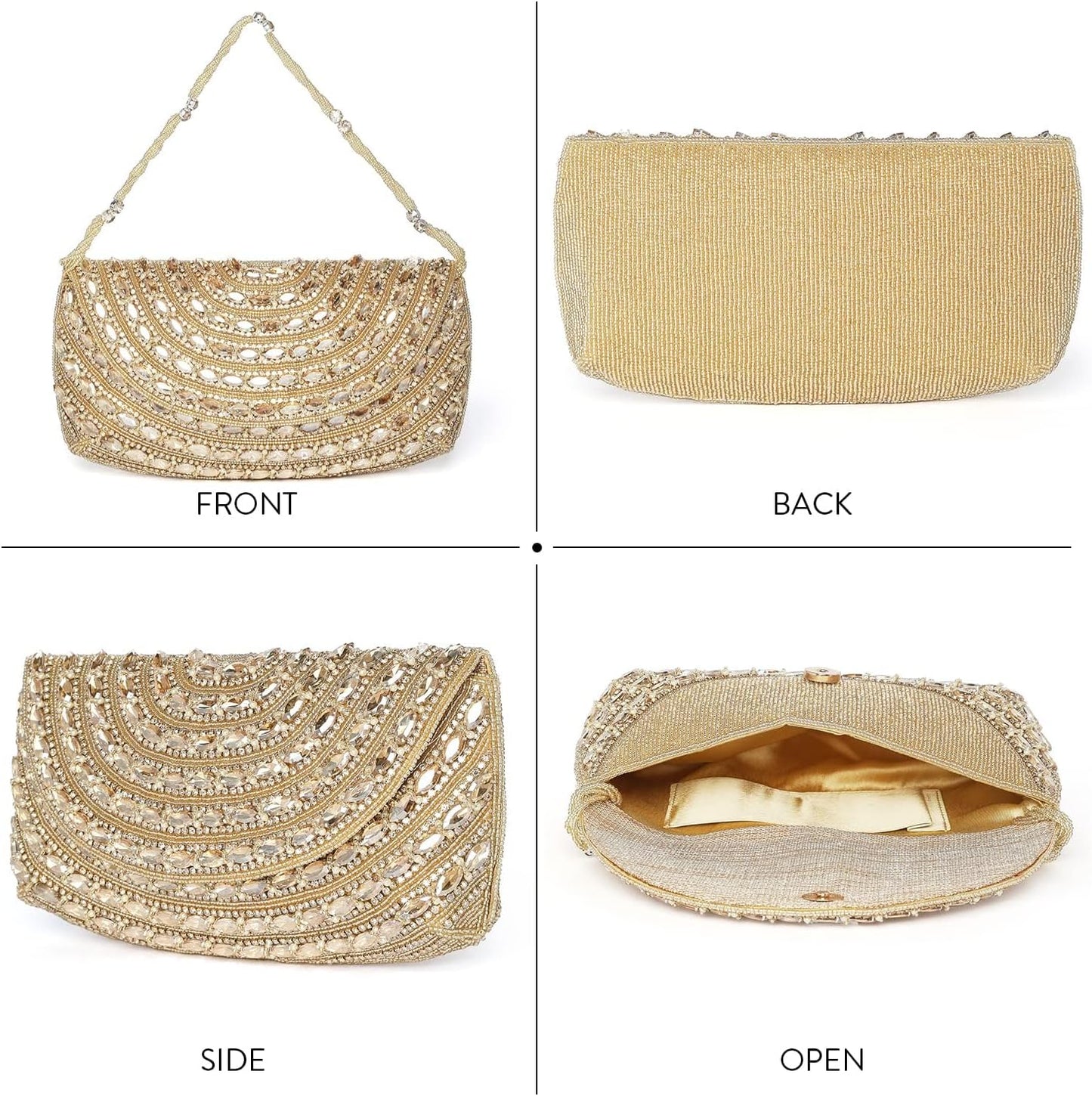 Aheli Golden Beaded Clutch Purses Handmade Evening Handbags for Women Weddings, Parties, and Bridal Events Mothers Day Gifts for Mom