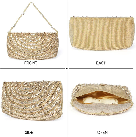 Aheli Golden Beaded Clutch Purses Handmade Evening Handbags for Women Weddings, Parties, and Bridal Events Mothers Day Gifts for Mom - PuriLite