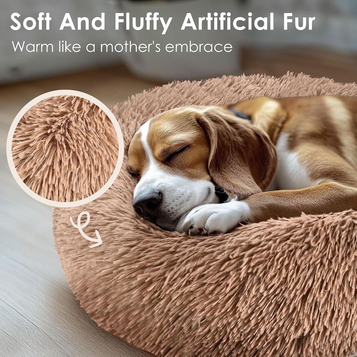 Dog & Cat Bed, 20in Cat Beds for Indoor Cats, Calming Donut Bed for Puppy and Kitten, Washable Round Fluffy Pet Bed for Small Medium Dogs and Cats (Camel)