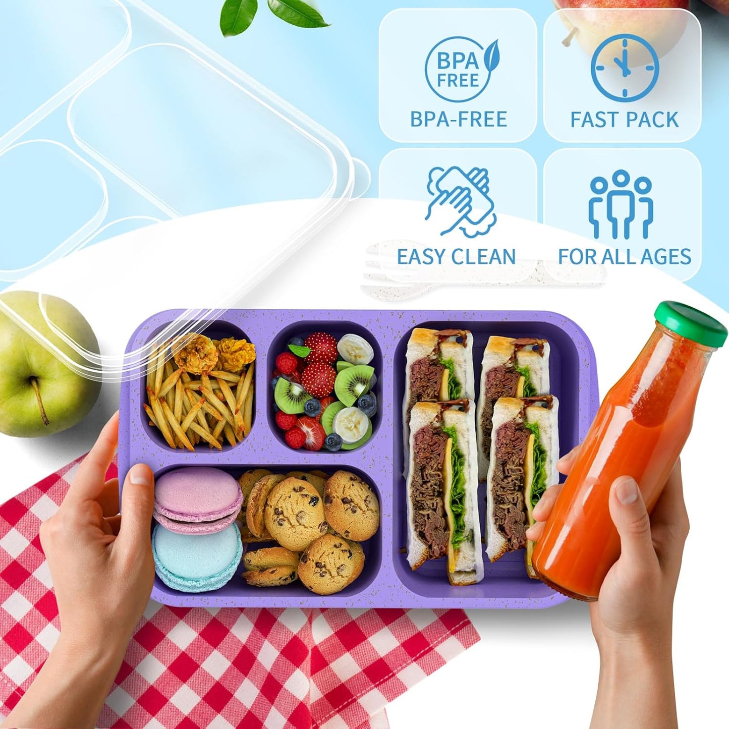 Large Capacity Bento Box for Adults, 4-Piece Set – Stackable Lunch Box with 4 Compartments, Microwave & Dishwasher Safe, Reusable Meal Prep Containers, Snack Containers for Kids & Adults (4 Colors)