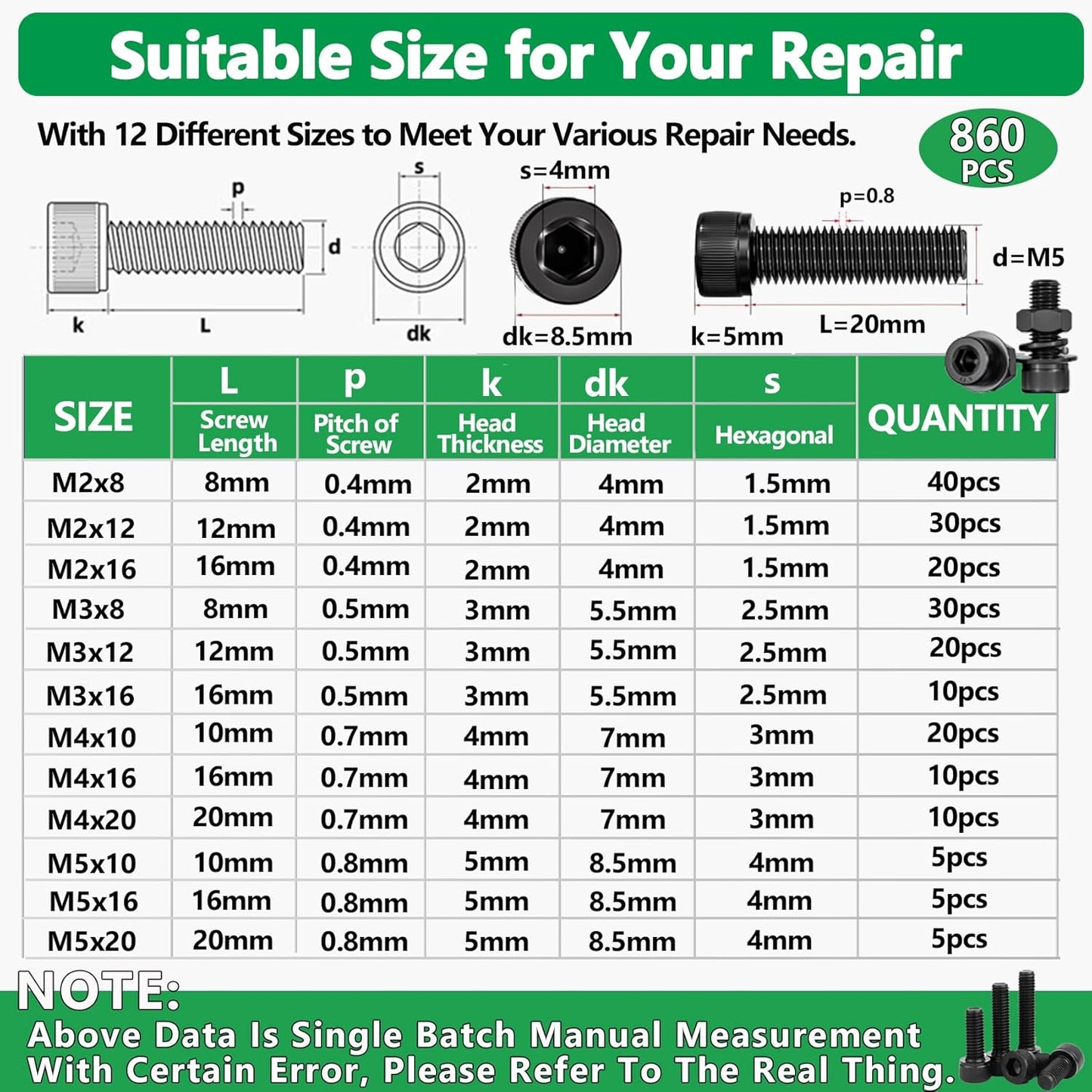 860PCS Metric Screw Assortment Kit, M2 M3 M4 M5 Machine Screws with Lock & Flat Washers, 10.9 Grade Alloy Steel, Metric Hex Button Head Cap Nuts and Bolts Assortment Kit with 4 Wrenches