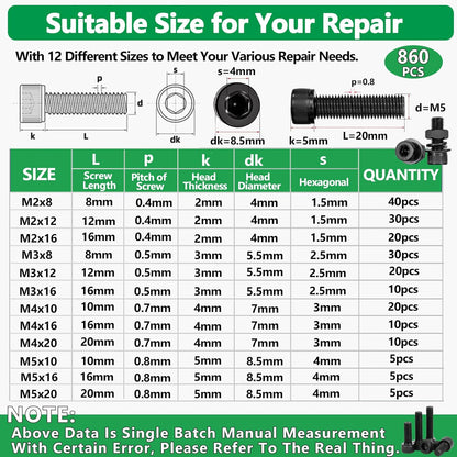 860PCS Metric Screw Assortment Kit, M2 M3 M4 M5 Machine Screws with Lock & Flat Washers, 10.9 Grade Alloy Steel, Metric Hex Button Head Cap Nuts and Bolts Assortment Kit with 4 Wrenches