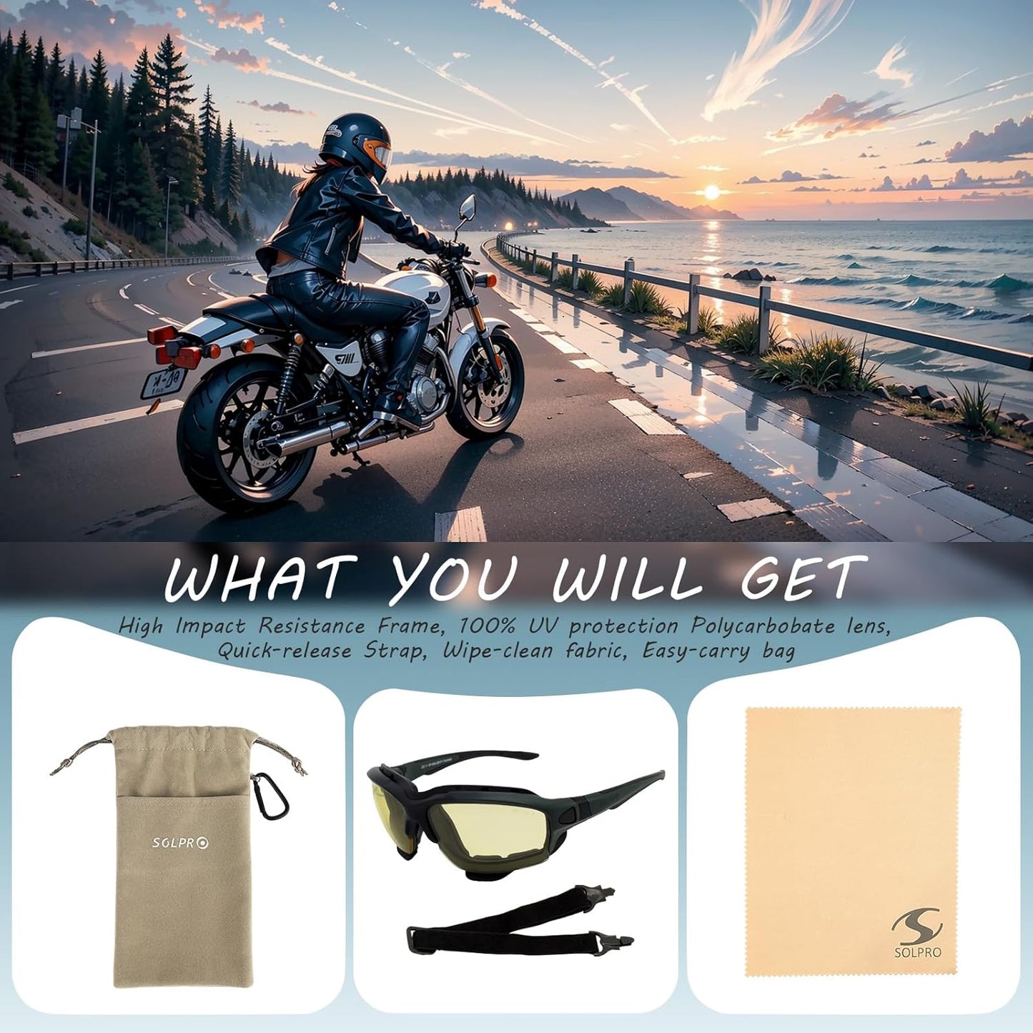 Powersports Glasses Safety Motorcycle Goggle, Anti-fog, Z87 Wrap around, Hunting, Riding, Mowing, Fit Men and Women