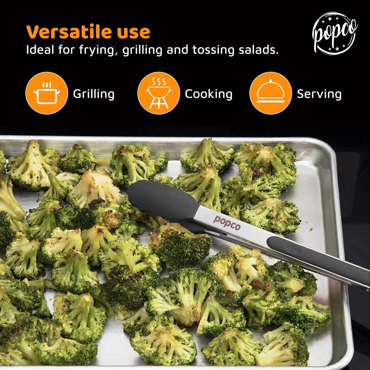 The Original Popco Tongs for Cooking - Set of 3 (7, 9, 12 inches) - Heavy Duty, 304 Stainless Steel BBQ and Kitchen Tongs with Silicone Tips (3 Colors Available)