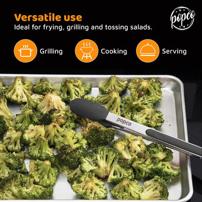 The Original Popco Tongs for Cooking - Set of 3 (7, 9, 12 inches) - Heavy Duty, 304 Stainless Steel BBQ and Kitchen Tongs with Silicone Tips (3 Colors Available)