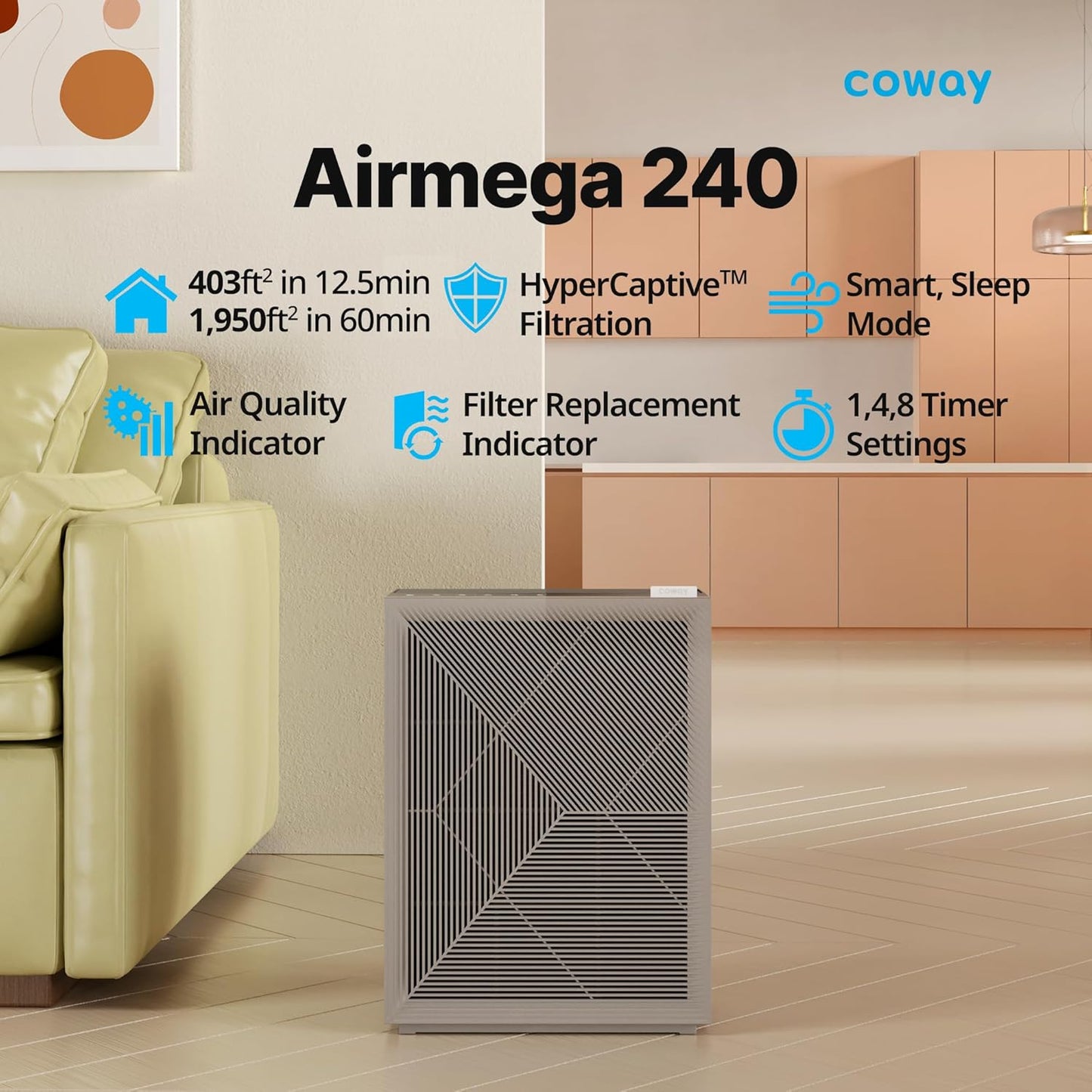 Coway Airmega 150 True HEPA Air Purifier with Air Quality Monitoring, Auto Mode, Filter Indicator, Dove White