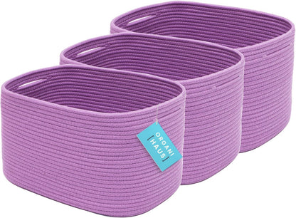OrganiHaus Soft Woven Baskets for Storage Organization Set of 3, Cotton Rope Nursery Storage Baskets for Shelves, Square Book Bins, Bathroom Towel Hamper, Dog Toy Bins, Panier Rangement - Light Honey