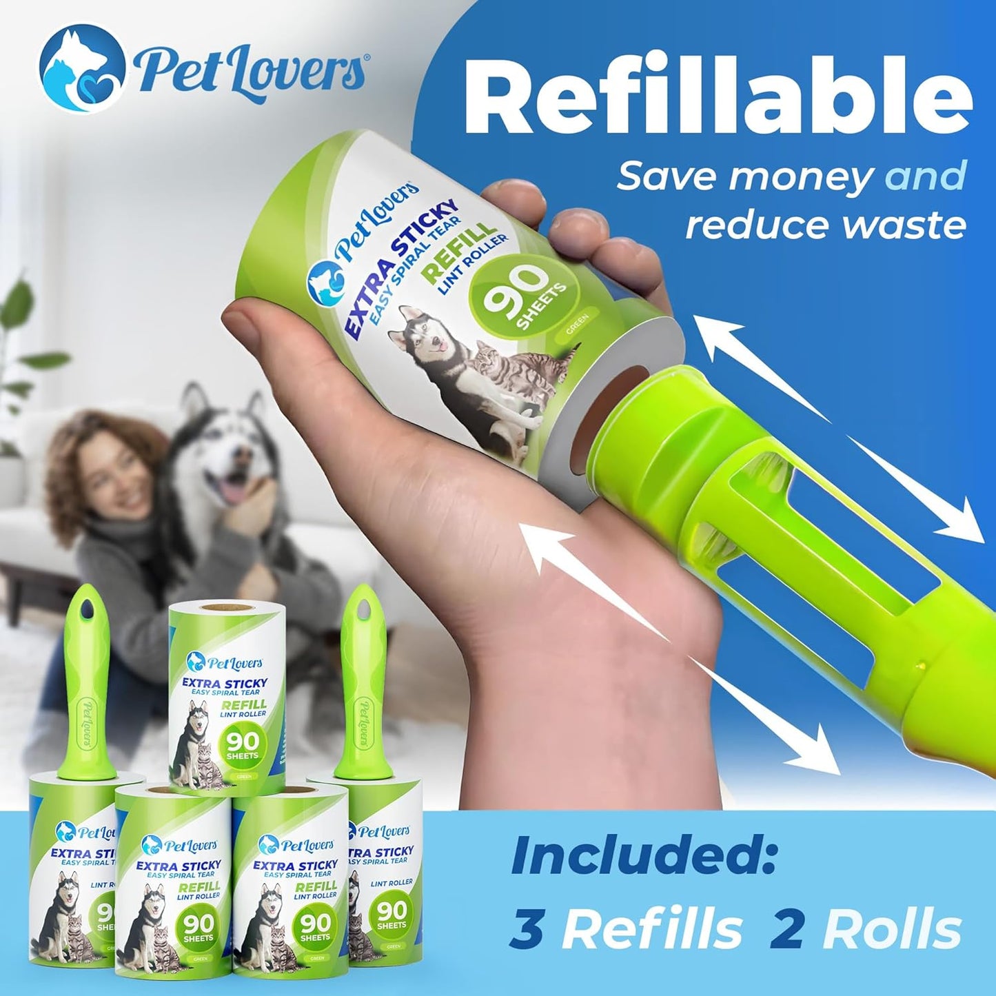 PetLovers Extra Sticky Lint Roller Mega Value Set for Pet Hair Removal, Dog and Cat Lint Remover (1 Pack Reusable)