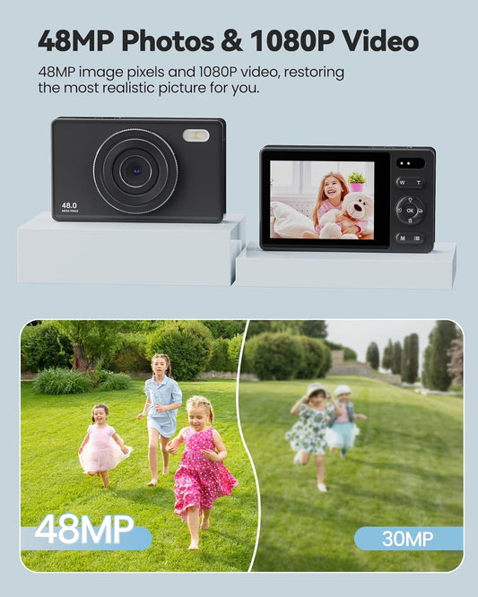64GB Digital Camera for Kids Photography: 48MP Mini Camera Anti Shake 1080P Video Camera Autofocus 16X Zoom Anti Shake Point and Shoot Camera 2 Batteries Gift for Kid Student Beginner Black
