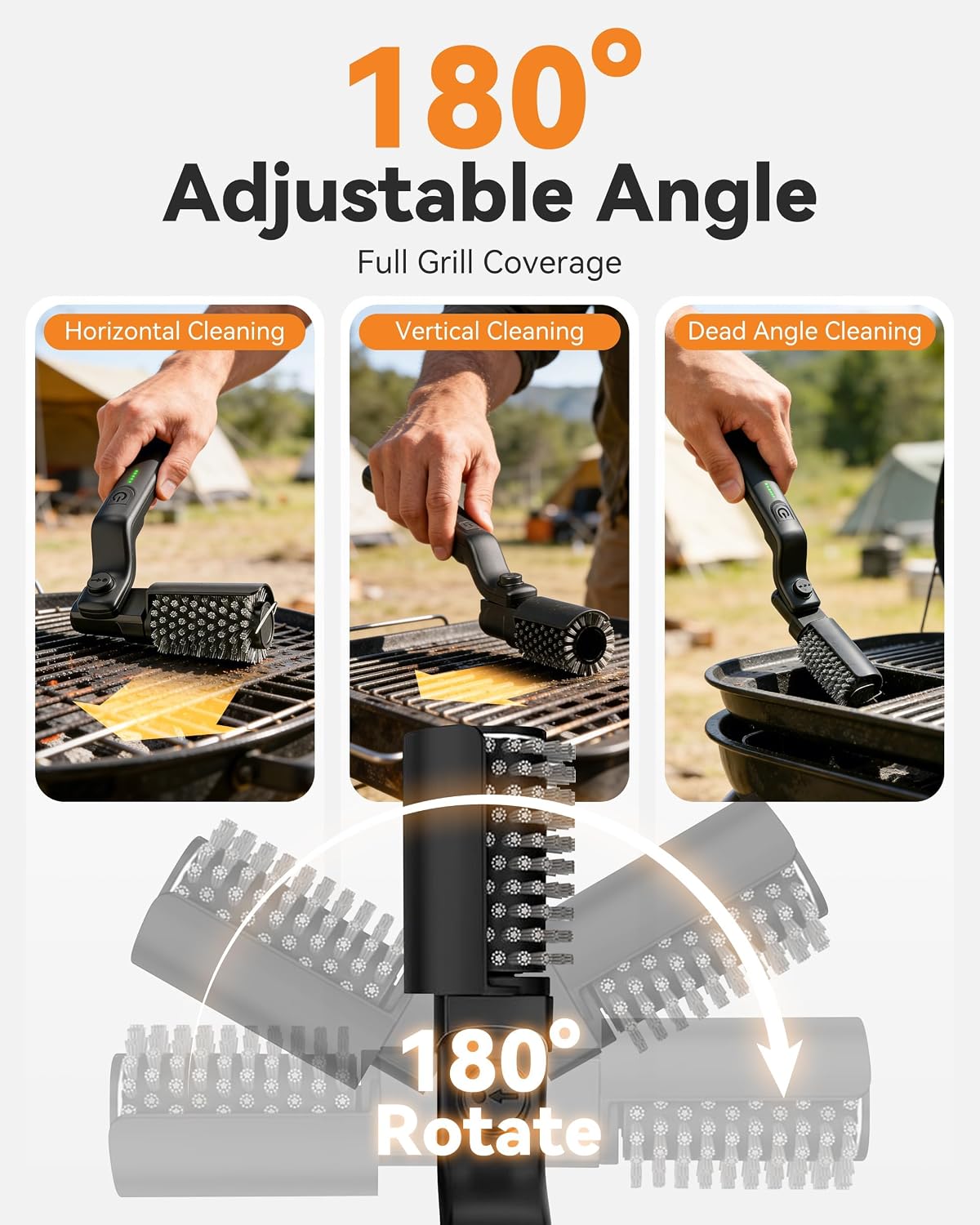 Electric Grill Brush Cordless Rechargeable BBQ Cleaner | 180° Adjustable Head, 2600mah High-Torque Power Rotary, 150Mins Runtime, For Outdoor Barbecue Grates