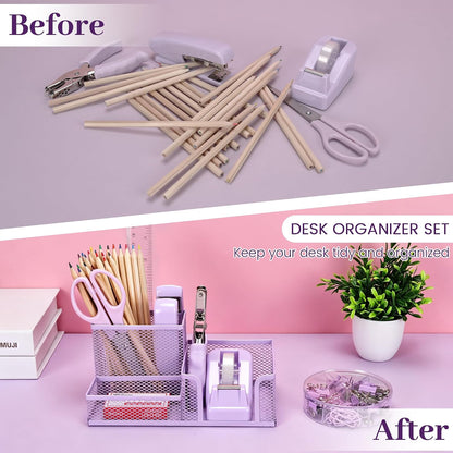 Purple Office Desk Accessories, 9 Pcs Desk Organizers and Accessories with Mesh Pen Holder, Stapler, Tape Dispenser, Hole Punch, Office Supplies Set for Office Home School Women Students Gift