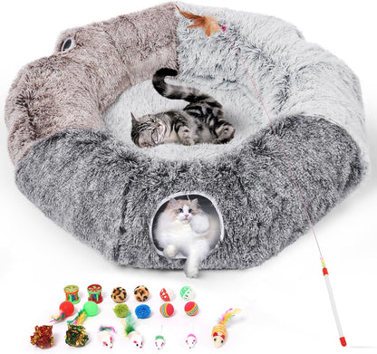Odoland Extra Large Cat Tunnels for Indoor Cats, Fluffy Cat Bed with Toys | Collapsible Donut Cat Tube for Kittens,Small Animal Chewing Playing