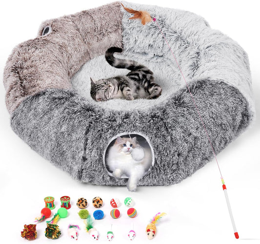 Odoland Extra Large Cat Tunnels for Indoor Cats, Fluffy Cat Bed with Toys | Collapsible Donut Cat Tube for Kittens,Small Animal Chewing Playing