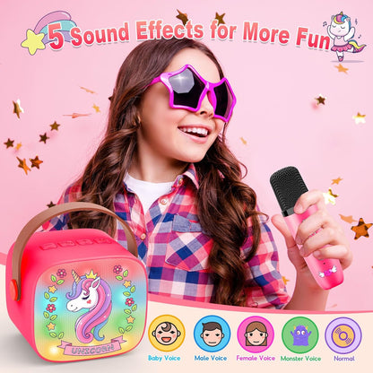 Mini Karaoke Machine for Kids, Exssary 3 4 5 6 7 8-12 Year Old Girl Gifts Portable Bluetooth Speaker with 2 Wireless Microphone Unicorn Toys Birthday Gifts for Girls Kids Teens (Pink)