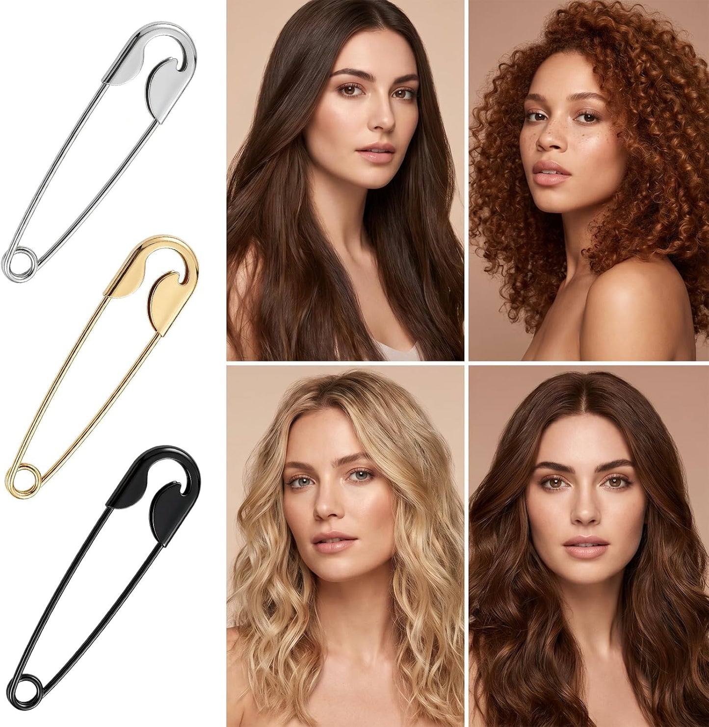 3PCS Oversized Safety Pin Hair Clips for Women Thick Hair - Large Metal French Hair Pin, Strong Hold Statement Hair Styling Accessories for Bun Updo Twist Goth Looks