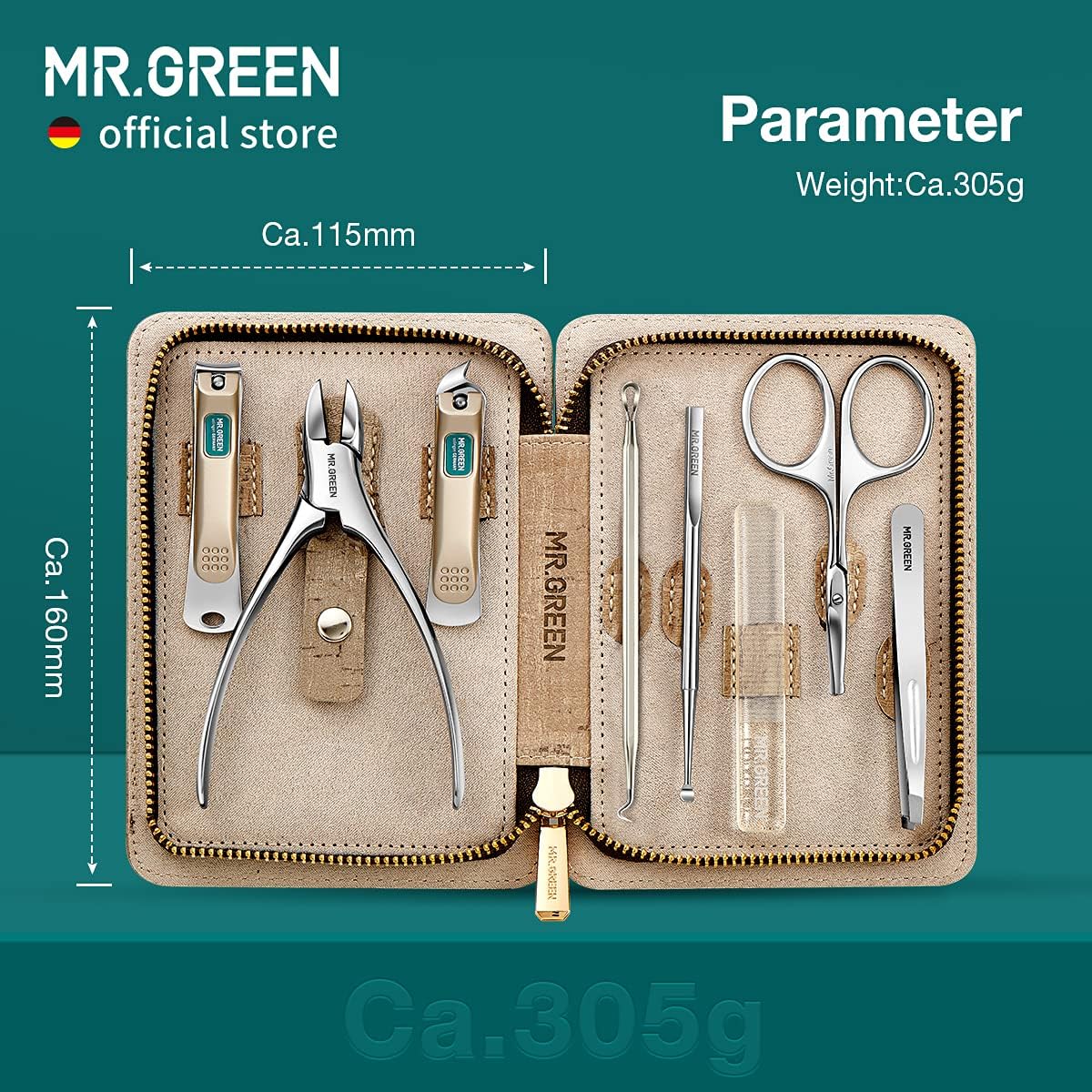 Manicure Set 8 in 1,Professional Pedicure kit,Stainless Steel Manicure Kit,Portable Travel Grooming Kit Nail Care Tools,Nail Clippers Pedicure Tools with Leather Travel Case (green)