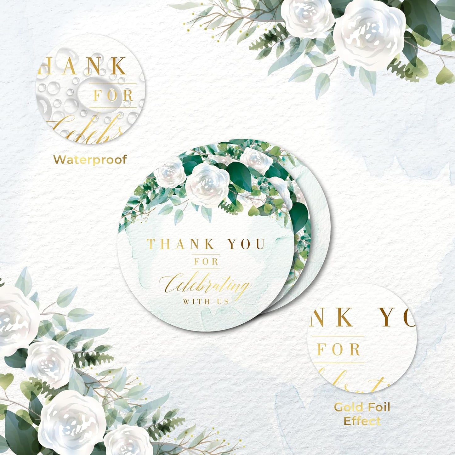 Mobiusea Creation White Floral Thank You for Celebrating with us Stickers | 2 inch | Gold Foil | 60pcs Waterproof Thank You Stickers Wedding Labels for Wedding, Bridal Shower, Baby Shower