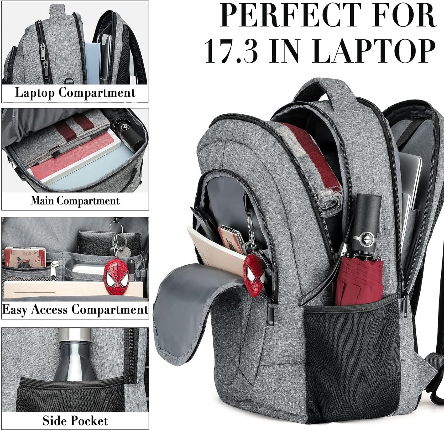 Backpack for Men and Women, School Backpacks for Teen Boys and Girls, Black Water Resistant Back Pack, Business Men Sturdy Computer Bag with USB Charging Port, Gifts