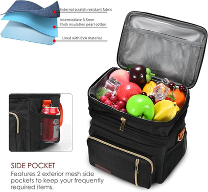 Lunch Bag for Women Men Double Deck Lunch Box - Leakproof Insulated Soft Large Lunch Cooler Bag, MIYCOO (Black,15L)