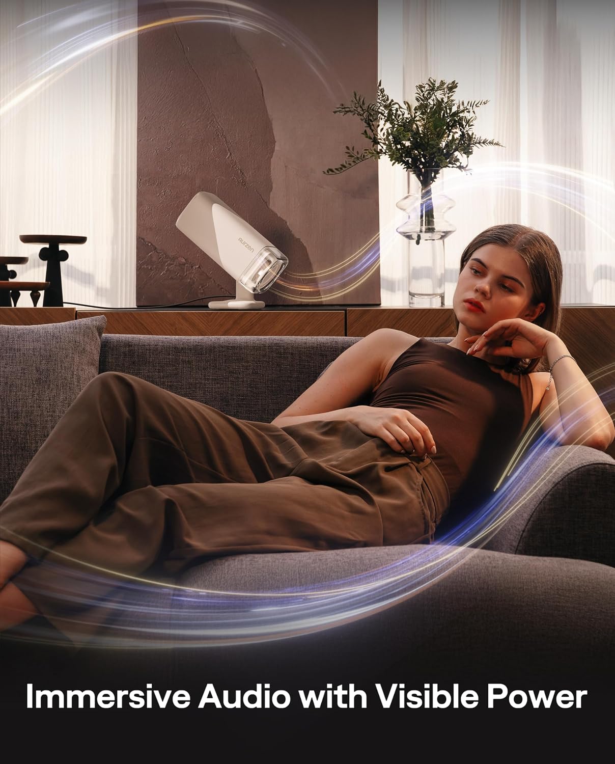 Aurzen Boom Air Google TV Mini Projector with USB-C Powered, Off-White | Portable Projector with Real-Time Focus, Dolby Audio, 4K Supported, Flexible Stand, WiFi and Bluetooth, for Outdoor & Home