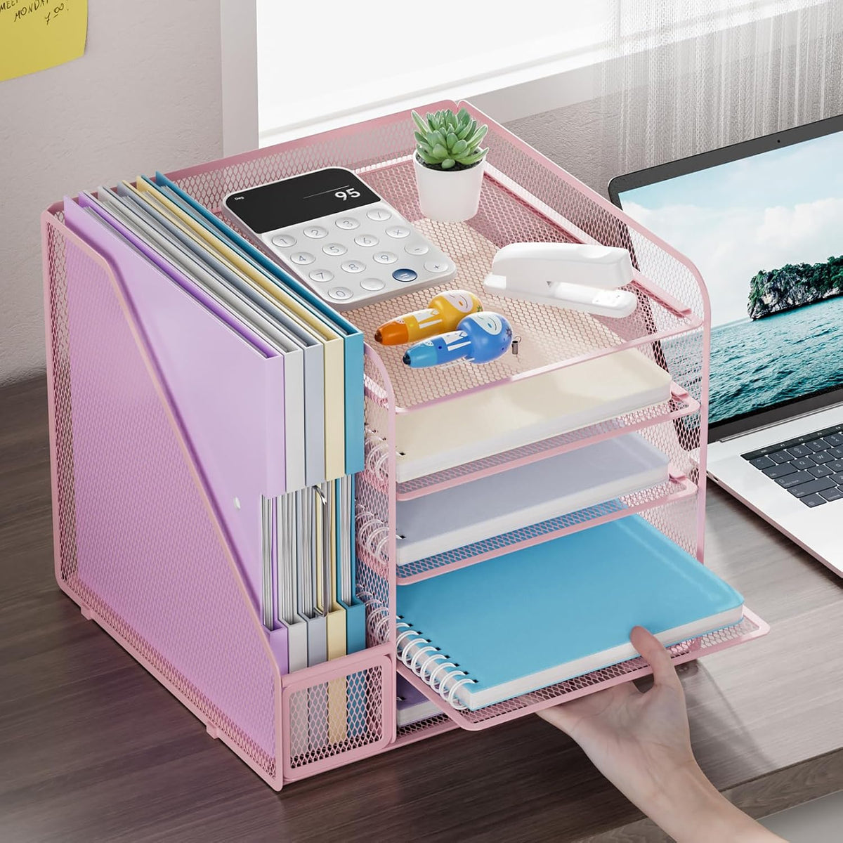 Marbrasse Desk Organizers and Accessories, 5-Tier Paper Letter Tray Organizer with File Holder, Mesh File Organizer for Desk, Office Desk Accessories & Organization for Supplies (Pink)