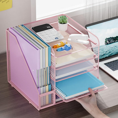 Marbrasse Desk Organizers and Accessories, 5-Tier Paper Letter Tray Organizer with File Holder, Mesh File Organizer for Desk, Office Desk Accessories & Organization for Supplies (Pink)