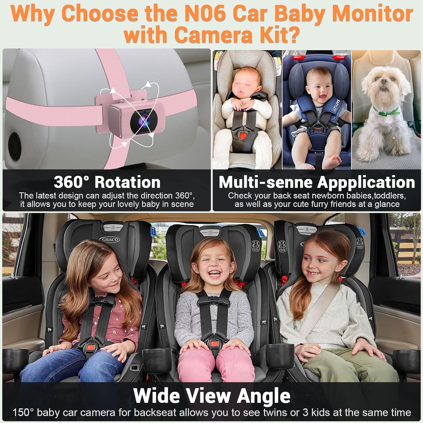 Rohent Baby Car Camera HD 1080P - Rear-Facing Infant Monitor with Night Vision Car Camera for Baby 150° Wide-Angle Lens Anti-Glare Screen Easy Install 360° Adjustable Display