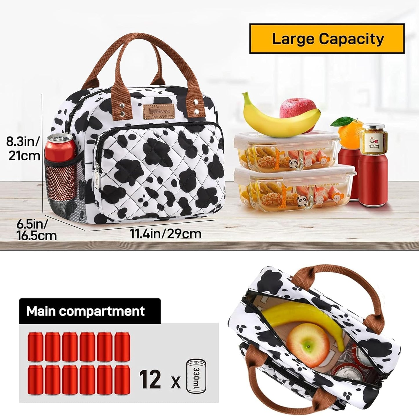 HOMESPON Lunch Bag for Woman Man Adults with Front Pocket Insulated Lunch Tote Lunch Box Container for Work Picnic or Travel(Black)