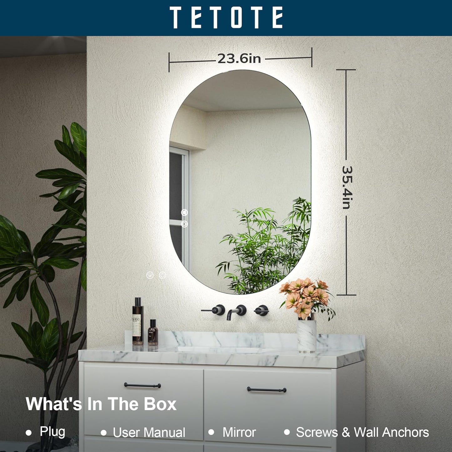 TETOTE 28 Inch Round LED Bathroom Vanity Mirror, Anti-Fog Dimmable Lights IP54 Waterproof Circle Makeup Wall Mounted Mirror