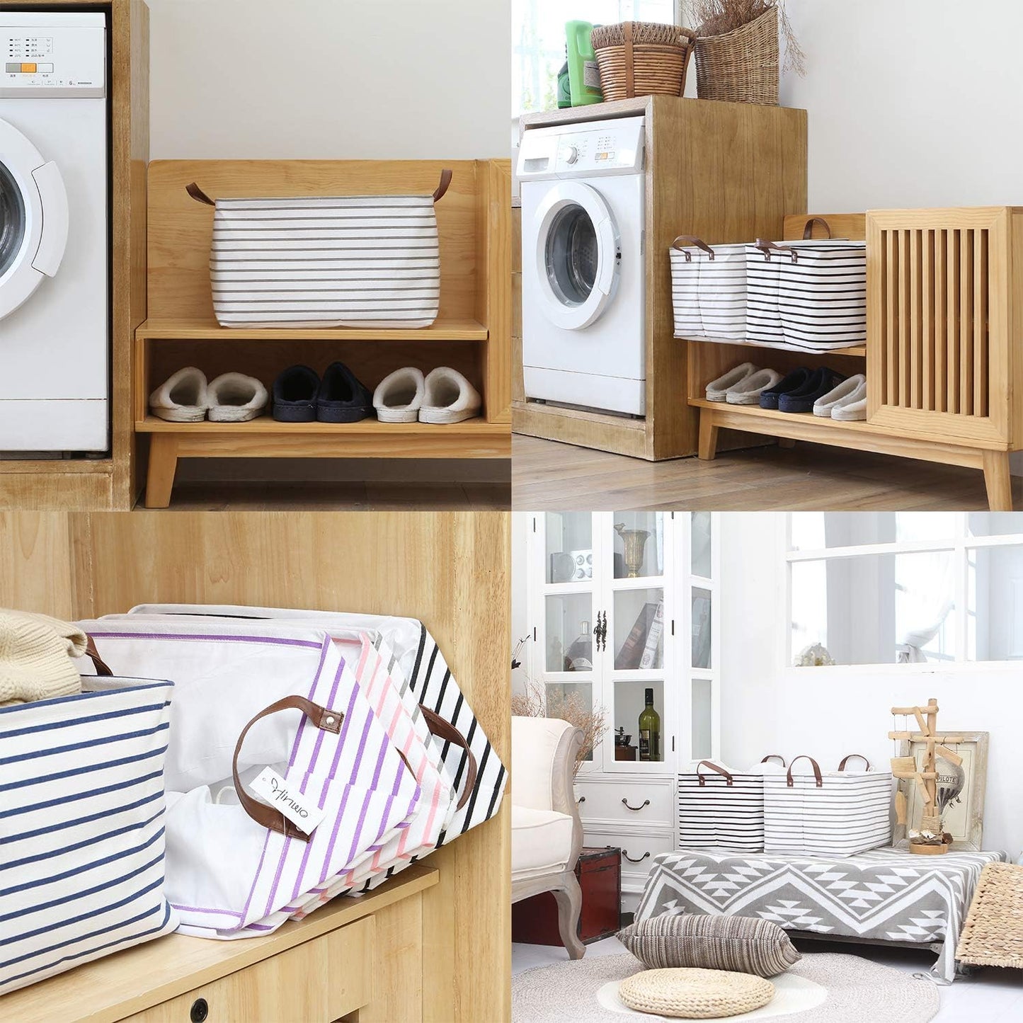 Hinwo 6-Pack Small Canvas Fabric Storage Baskets Set with Handles, Open Storage Bins, Cube Storage Organizer, Shelf Organizer Bins for Closet, 7.9L, 12 x 8 x 5 Inches, Grey Stripe