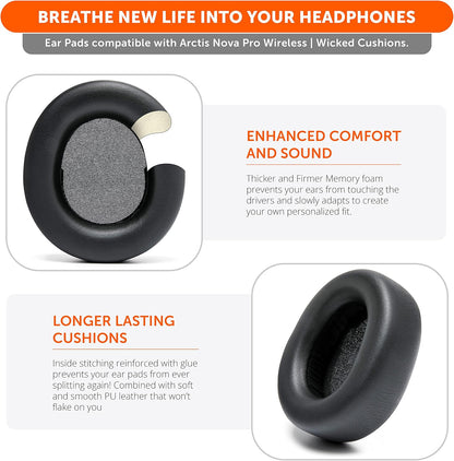 WC Upgraded Replacement Earpads for Steelseries Arctis Nova Pro Wireless Made by Wicked Cushions | Improved Durability, Thickness, Softer Leather, and Sound Isolation | 90's Black