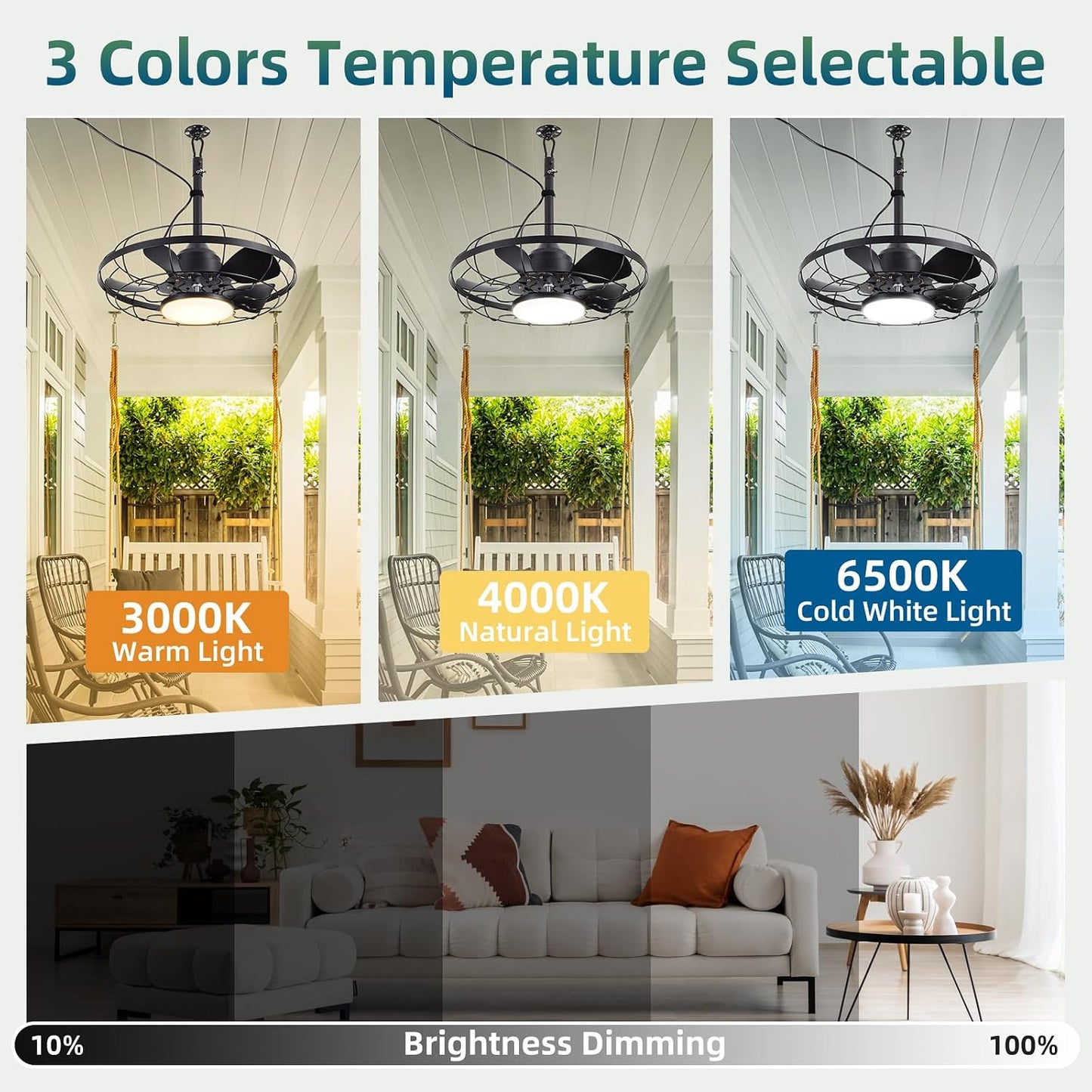Outdoor Ceiling Fan with Light for Patios, 21" Garage Ceiling Fan Outdoor Hanging, IP65 Waterproof Plug in Ceiling Fan with Alexa/Google/App Control,3CCT Dimmable 6-Speeds for Patios Porch