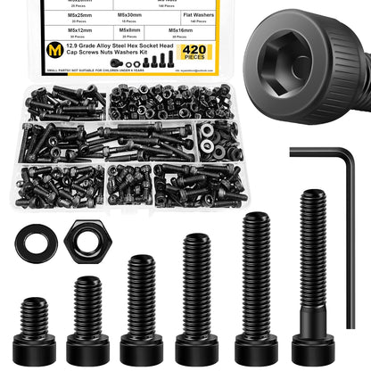 Mywish 900Pcs Metric Screw Assortment, M3 M4 M5 M6 Screw Assortment Kit 304 Stainless Steel Hex Socket Button Head Socket Cap Metric Screws Bolts & Flat Washers/Nuts/Hex Wrenches 16 Sizes 8MM to 20MM