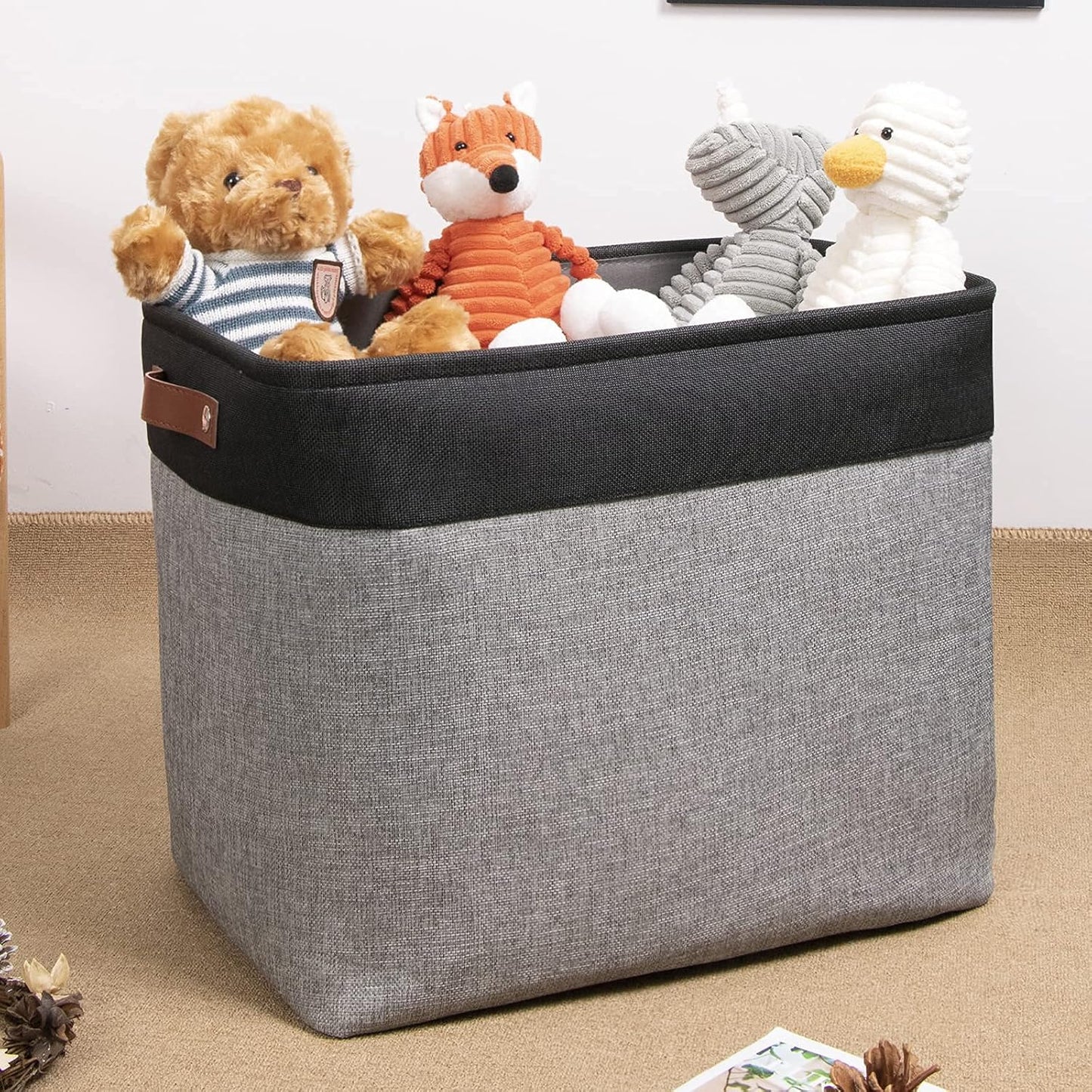 DULLEMELO Storage Baskets for Shelves, Fabric Collapsible Rectangular Storage Bins for Shelves, Closets, Nursery, Home, Office, Empty Gift Baskets (White&Teal)