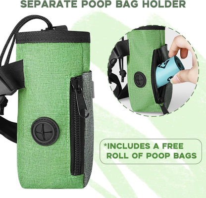Upgraded Large-Sized Dog Treat Pouch with Waist Clip - Fashionable Green&Grey Design - Large Capacity Treat Bag for Dog Walks,Outdoor Activities, Travel and Training - Includes 1 Poop Bags