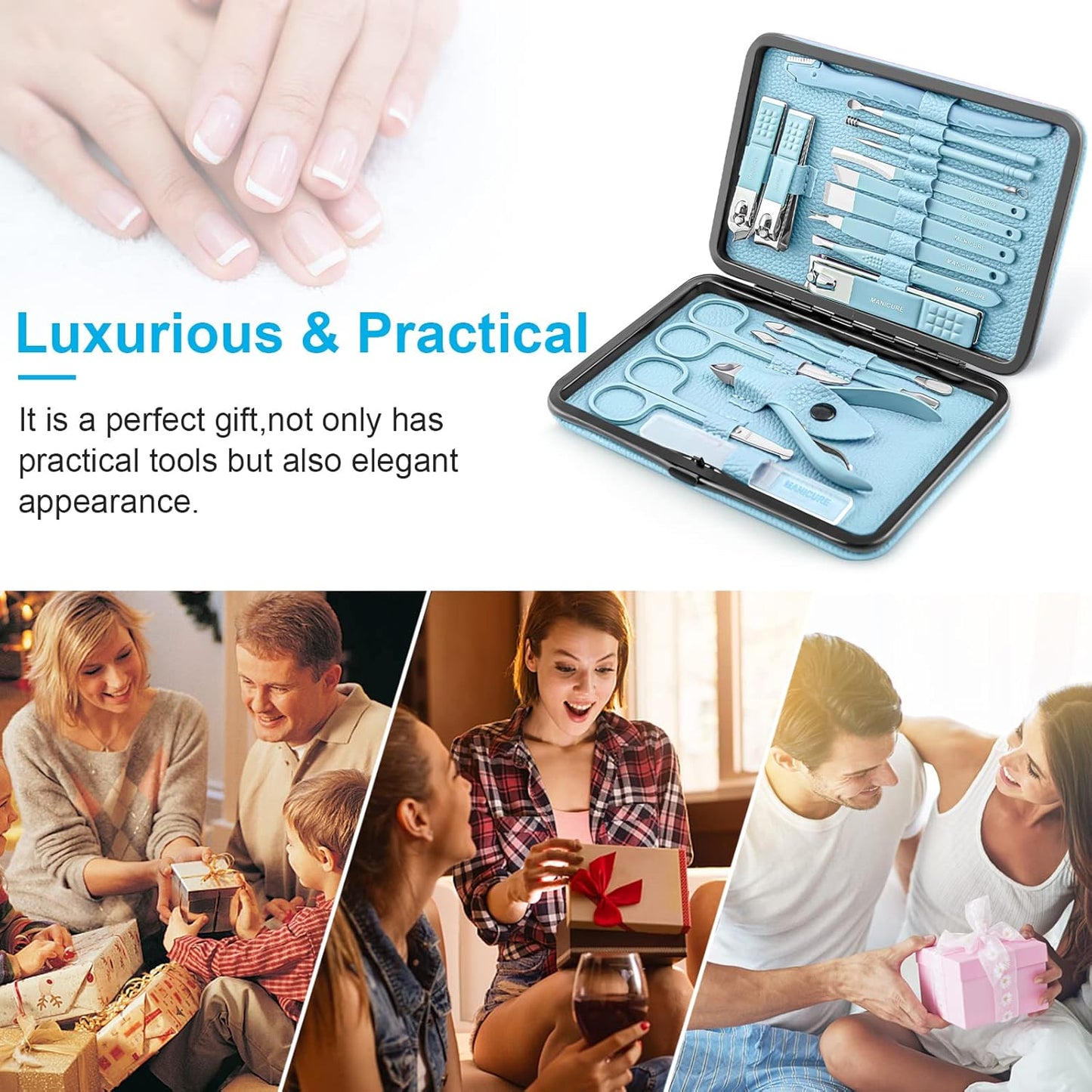 Manicure Set Professional Pedicure Kit Nail Clippers Kit - 18 Pcs Nail Care Tools - Grooming Kit with Luxurious Upgraded Travel Case (Blue)