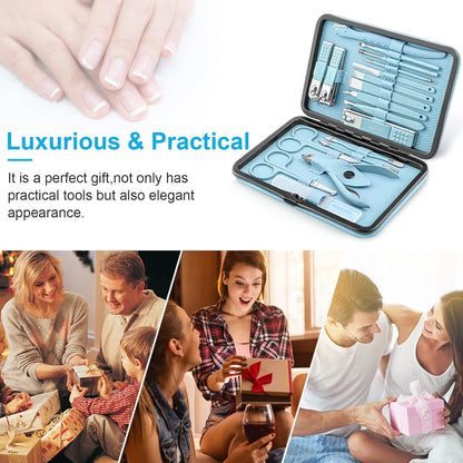 Manicure Set Professional Pedicure Kit Nail Clippers Kit - 18 Pcs Nail Care Tools - Grooming Kit with Luxurious Upgraded Travel Case (Blue)